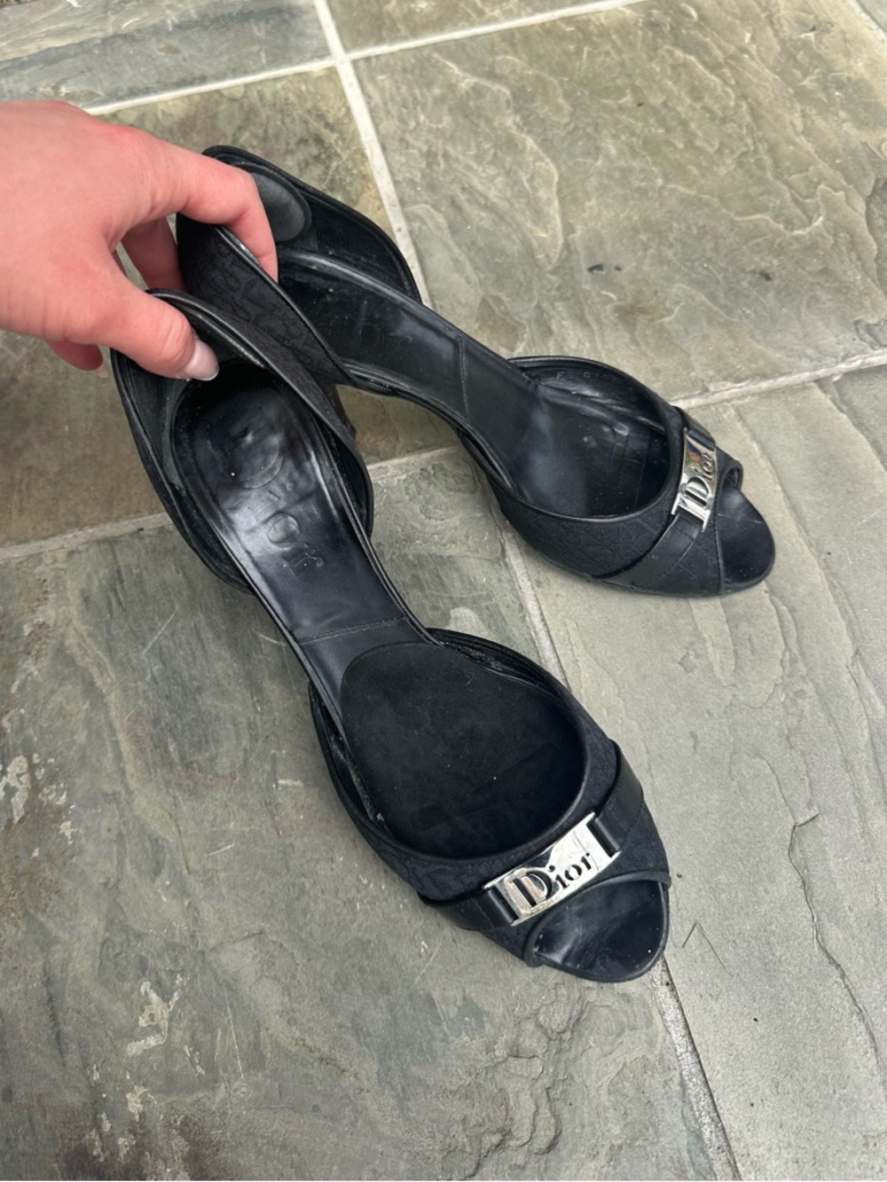 Dior Black Leather Open-Toe Heels with Silver Logo Plaque